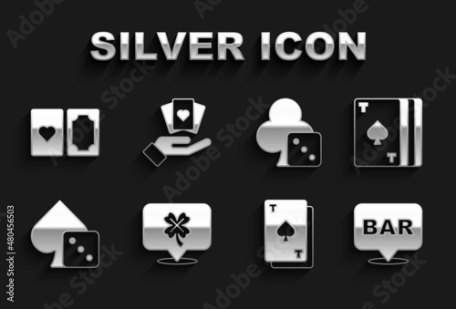 Set Casino slot machine with clover, Deck of playing cards, Alcohol bar location, Playing spades, Game dice, and Hand holding icon. Vector