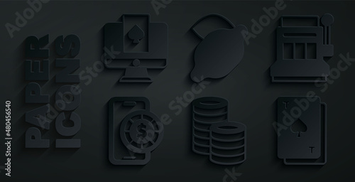 Set Casino chips, Slot machine, Online poker table game, Playing card with spades, slot lemon and icon. Vector