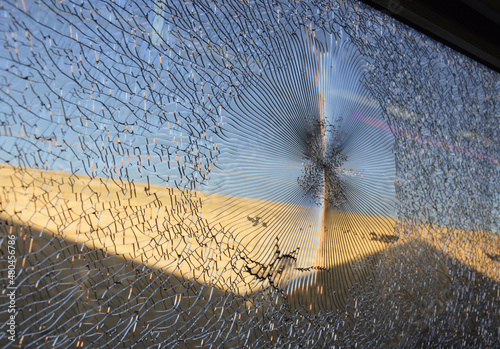 View of Tunisia, Africa, through a broken glass train window