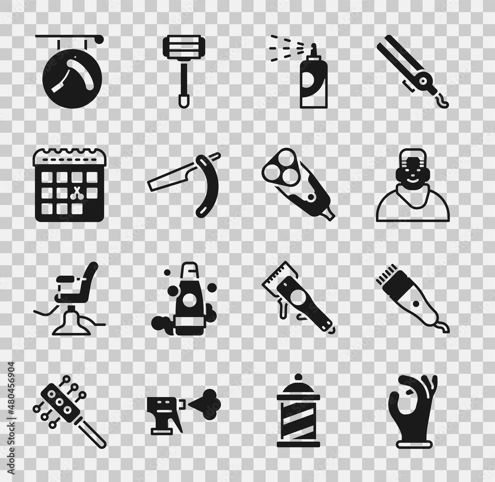 Obraz premium Set Medical rubber gloves, Electrical hair clipper, Client in barbershop, Spray can for hairspray, Straight razor, Calendar with haircut day, Barbershop and blade icon. Vector