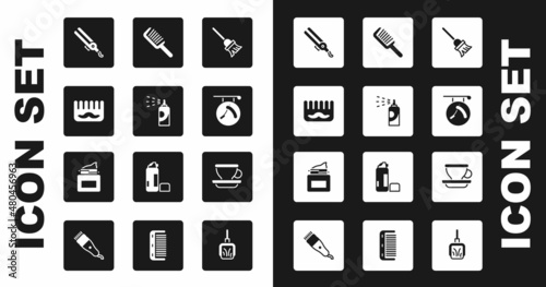 Set Mop, Spray can for hairspray, Hairbrush, Curling iron, Barbershop with razor, Coffee cup and Cream cosmetic jar icon. Vector