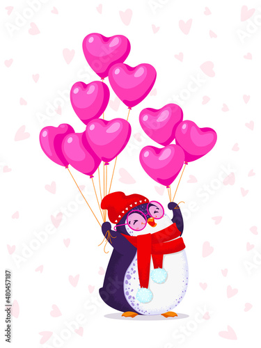 Greeting card for Valentine Day with a funny penguin in a red hat and pink glasses. Cartoon penguin with pink balloons-hearts. White background. Vector isolated illustration.