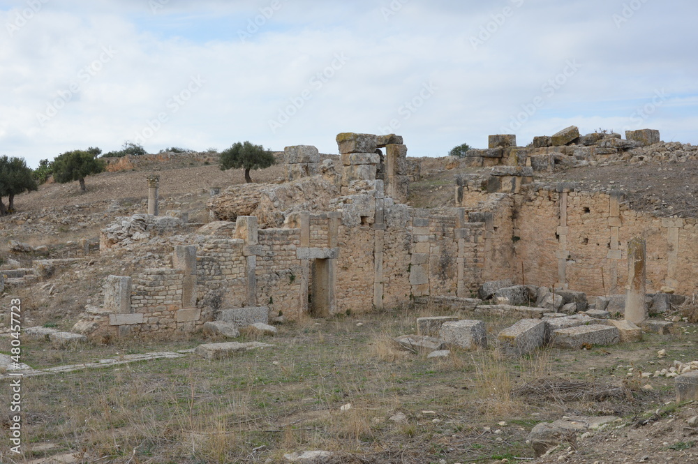 Ruins of the antique Roman city of Thugga in Tunisia, Africa. Blue sky with clouds, ancient yellow, brown and grey stone walls and columns, green olives trees.