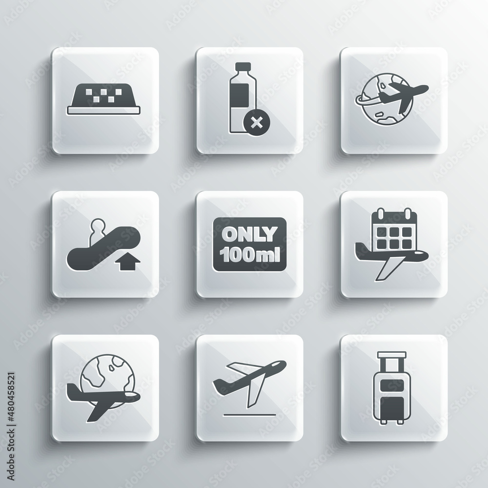 Set Plane takeoff, Suitcase, Calendar and airplane, Liquids in carry-on baggage, Globe with flying, Escalator up, Taxi roof and icon. Vector Set Plane takeoff, Suitcase, Calendar and airplane, Liquids in carry-on baggage, Globe with flying, Escalator up, Taxi roof and icon. Vector