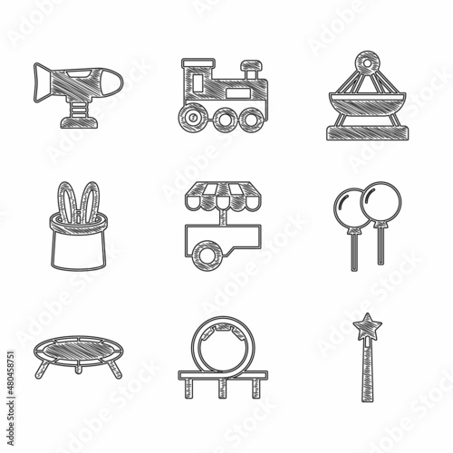 Set Fast street food cart, Roller coaster, Magic wand, Balloons with ribbon, Jumping trampoline, Magician hat rabbit ears, Boat swing and Swing plane icon. Vector
