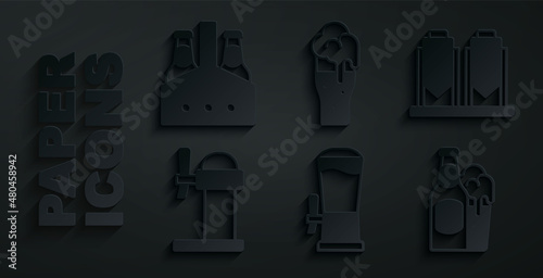 Set Beer tap, brewing process, Dispenser beer, bottle and glass, Glass of and Pack bottles icon. Vector