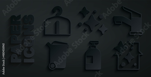 Set Dishwashing liquid bottle, Water tap, Trash can, Home cleaning service, and Hanger wardrobe icon. Vector
