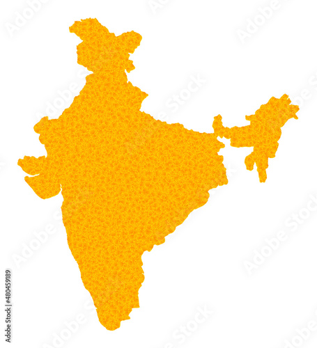 Vector Gold map of India. Map of India is isolated on a white background. Gold items mosaic based on solid yellow map of India.