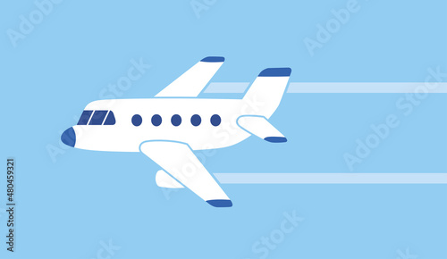 White jet passenger airplane with contrail trace flying in blue sky flat vector illustration
