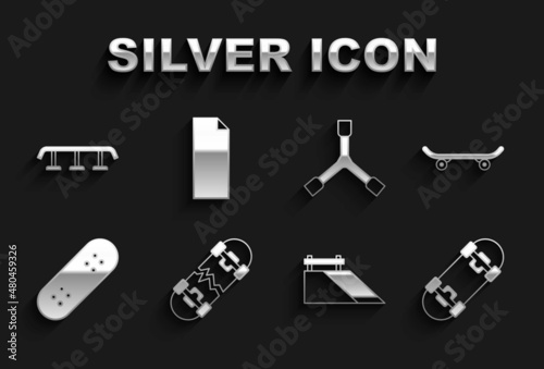 Set Broken skateboard, Skateboard, park, Y-tool, stairs with rail and Grip tape on icon. Vector