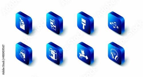 Set Tube with paint and brush, Paint, spray gun, Gas mask, can, Car painting and bucket icon. Vector