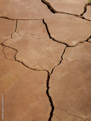 Detail texture closeup of hardened, cracked, earth from drought contions of climate change photo