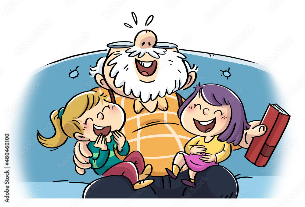 Naklejka premium Illustration of grandfather laughing with his granddaughters
