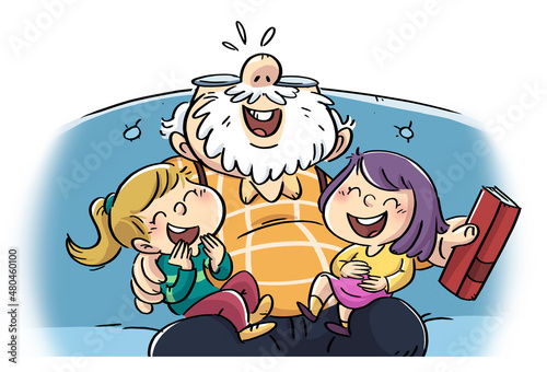 Illustration of grandfather laughing with his granddaughters