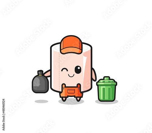the mascot of cute tissue roll as garbage collector