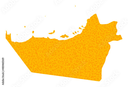 Vector Golden map of Abu Dhabi Emirate. Map of Abu Dhabi Emirate is isolated on a white background. Golden particles mosaic based on solid yellow map of Abu Dhabi Emirate.