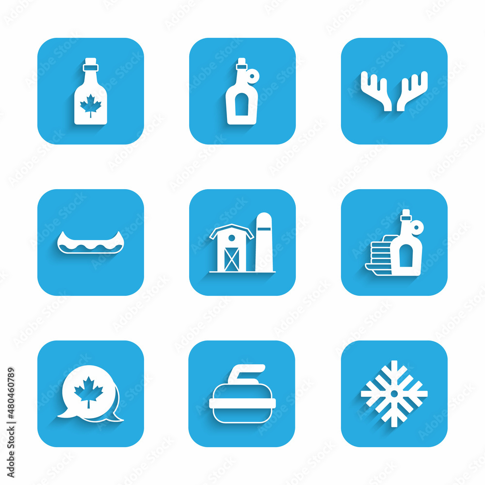 Set Farm house, Stone for curling, Snowflake, Syrup with pancakes, Canadian maple leaf, Kayak, Deer antlers and Bottle of syrup icon. Vector Set Farm house, Stone for curling, Snowflake, Syrup with pancakes, Canadian maple leaf, Kayak, Deer antlers and Bottle of syrup icon. Vector