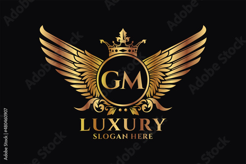 Luxury royal wing Letter GM crest Gold color Logo vector, Victory logo, crest logo, wing logo, vector logo template.