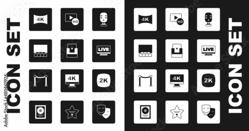 Set Microphone, Cinema chair, auditorium with screen, Screen tv 4k, Live stream, Hd movie, tape, frame, 2k Ultra HD and Rope barrier icon. Vector