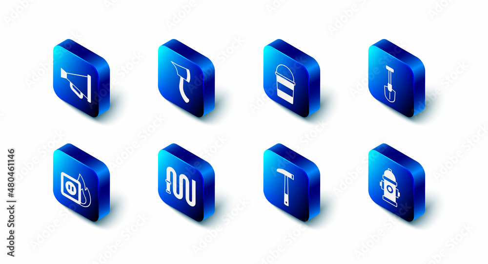 Set Firefighter axe, bucket, shovel, hydrant, hose reel, Electric wiring of socket in fire and Megaphone icon. Vector Set Firefighter axe, bucket, shovel, hydrant, hose reel, Electric wiring of socket in fire and Megaphone icon. Vector
