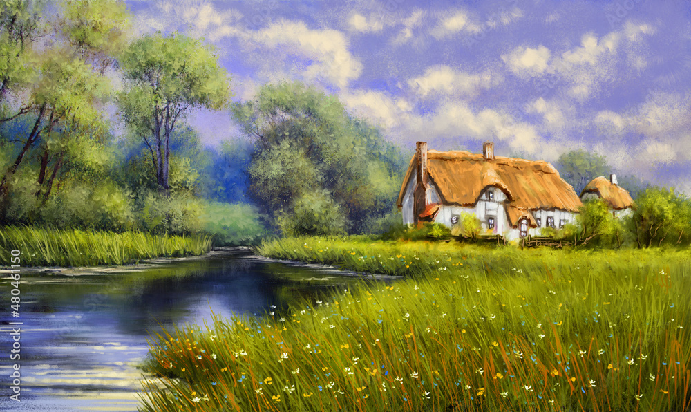 Oil paintings rural landscape, old house on the river. Fine art. Oil paintings rural landscape, old house on the river. Fine art.