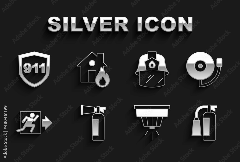 Set Fire extinguisher, Ringing alarm bell, Smoke system, exit, Firefighter helmet, Emergency call 911 and burning house icon. Vector Set Fire extinguisher, Ringing alarm bell, Smoke system, exit, Firefighter helmet, Emergency call 911 and burning house icon. Vector
