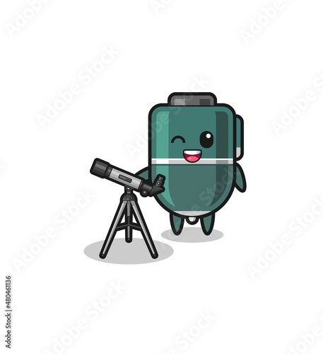 ballpoint pen astronomer mascot with a modern telescope