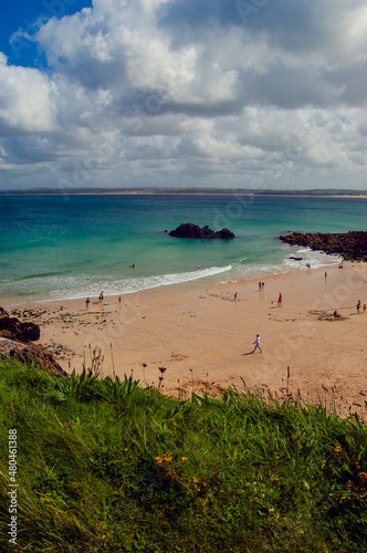 Holidaymakers on Bamaluz Beach  St Ives  Cornwall in Summer