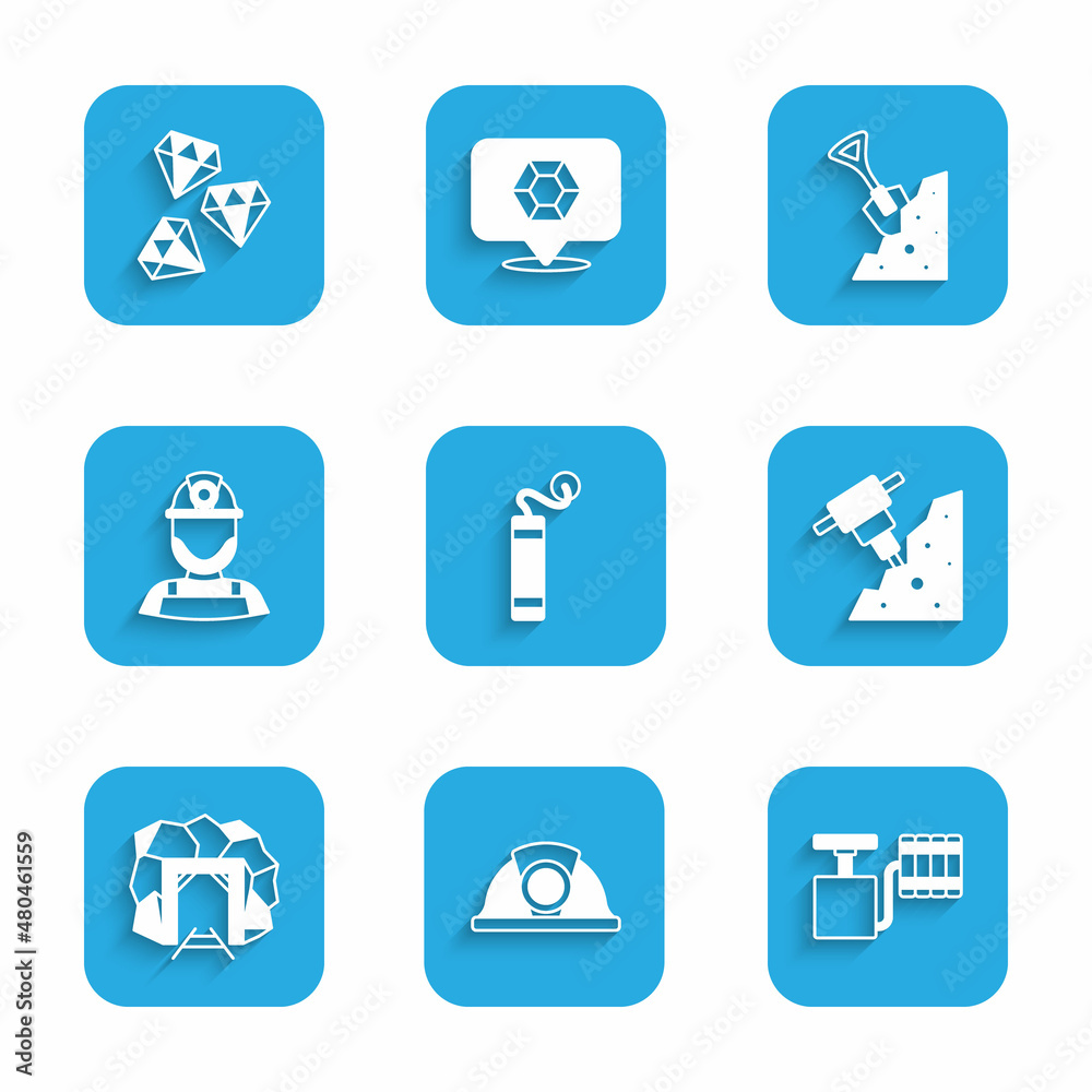 Set Dynamite, Miner helmet, Handle detonator, Construction jackhammer, entrance, Shovel stone and Gem icon. Vector Set Dynamite, Miner helmet, Handle detonator, Construction jackhammer, entrance, Shovel stone and Gem icon. Vector