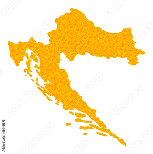 Vector Gold map of Croatia. Map of Croatia is isolated on a white background. Gold items texture based on solid yellow map of Croatia.