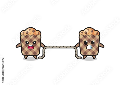 cute muffin character is playing tug of war game