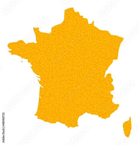 Vector Gold map of France. Map of France is isolated on a white background. Gold items pattern based on solid yellow map of France.