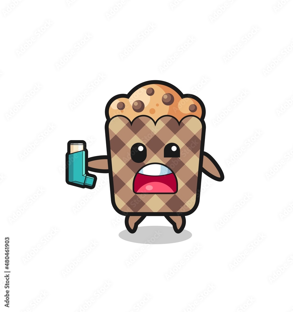 muffin mascot having asthma while holding the inhaler muffin mascot having asthma while holding the inhaler
