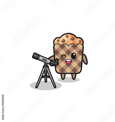 muffin astronomer mascot with a modern telescope