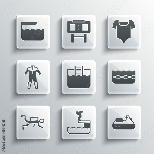 Set Swimmer diving into pool, Jet ski, Swimming, with ladder, Scuba diver, Wetsuit for scuba, Diving board springboard and Swimsuit icon. Vector