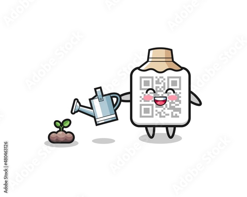 cute qr code is watering plant seeds