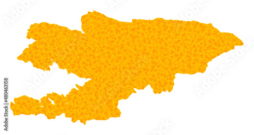 Vector Gold map of Kyrgyzstan. Map of Kyrgyzstan is isolated on a white background. Gold particles texture based on solid yellow map of Kyrgyzstan. photo