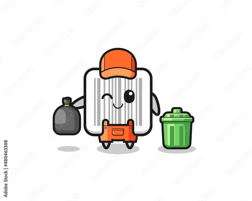 the mascot of cute barcode as garbage collector