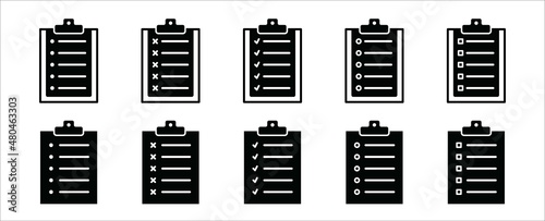 Clipboard vector icon set. Task check list board with check mark, dot and cross icons set. Document or paper clamp board symbol design. Simple line style vector illustration
