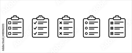 Clipboard vector icon set. Task check list board with check mark, circle, hash tag and cross icons set. Document or paper clamp board symbol design.
