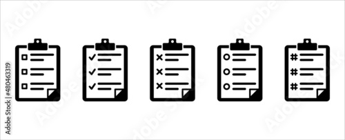 Clipboard vector icon set. Task check list board with check mark, circle, hash tag and cross icons set. Document or paper clamp board symbol design.