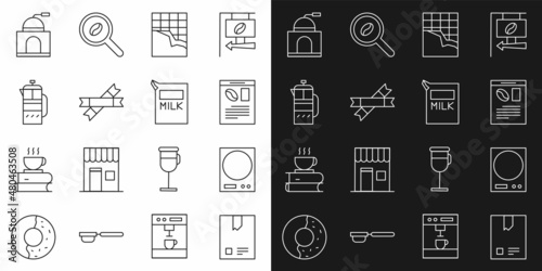 Set line Bag of coffee beans, Electronic scales, Newspaper and, Chocolate bar, Sugar stick packets, French press, Manual grinder and Paper package for milk icon. Vector