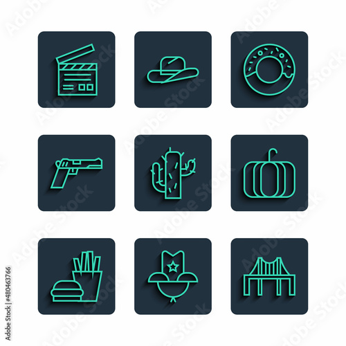 Set line Burger and french fries, Western cowboy hat, Golden gate bridge, Donut, Cactus, Pistol or gun, Movie clapper and Pumpkin icon. Vector