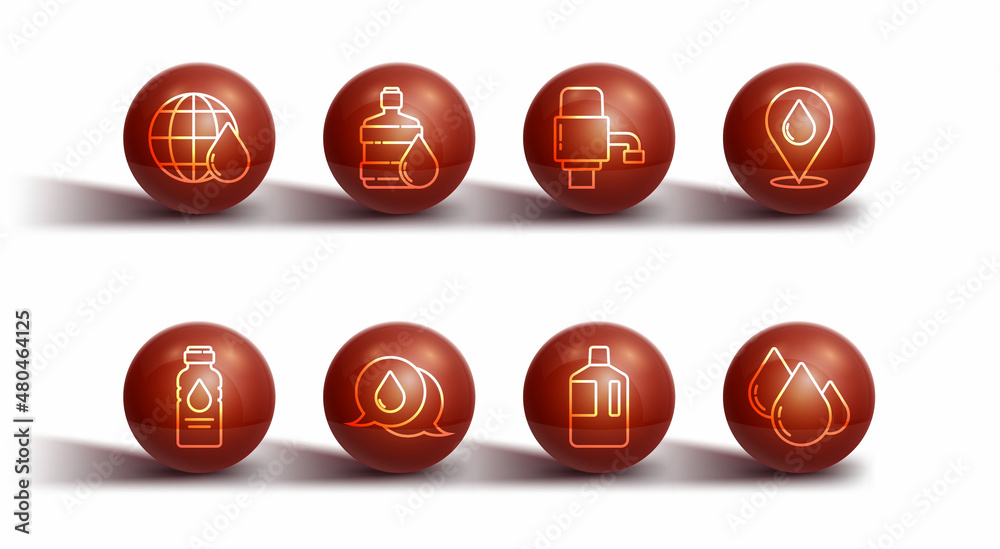 Set line Earth planet in water drop, Bottle of, Water with location, Big bottle clean, speech bubbles, and Mechanical pump for icon. Vector Set line Earth planet in water drop, Bottle of, Water with location, Big bottle clean, speech bubbles, and Mechanical pump for icon. Vector
