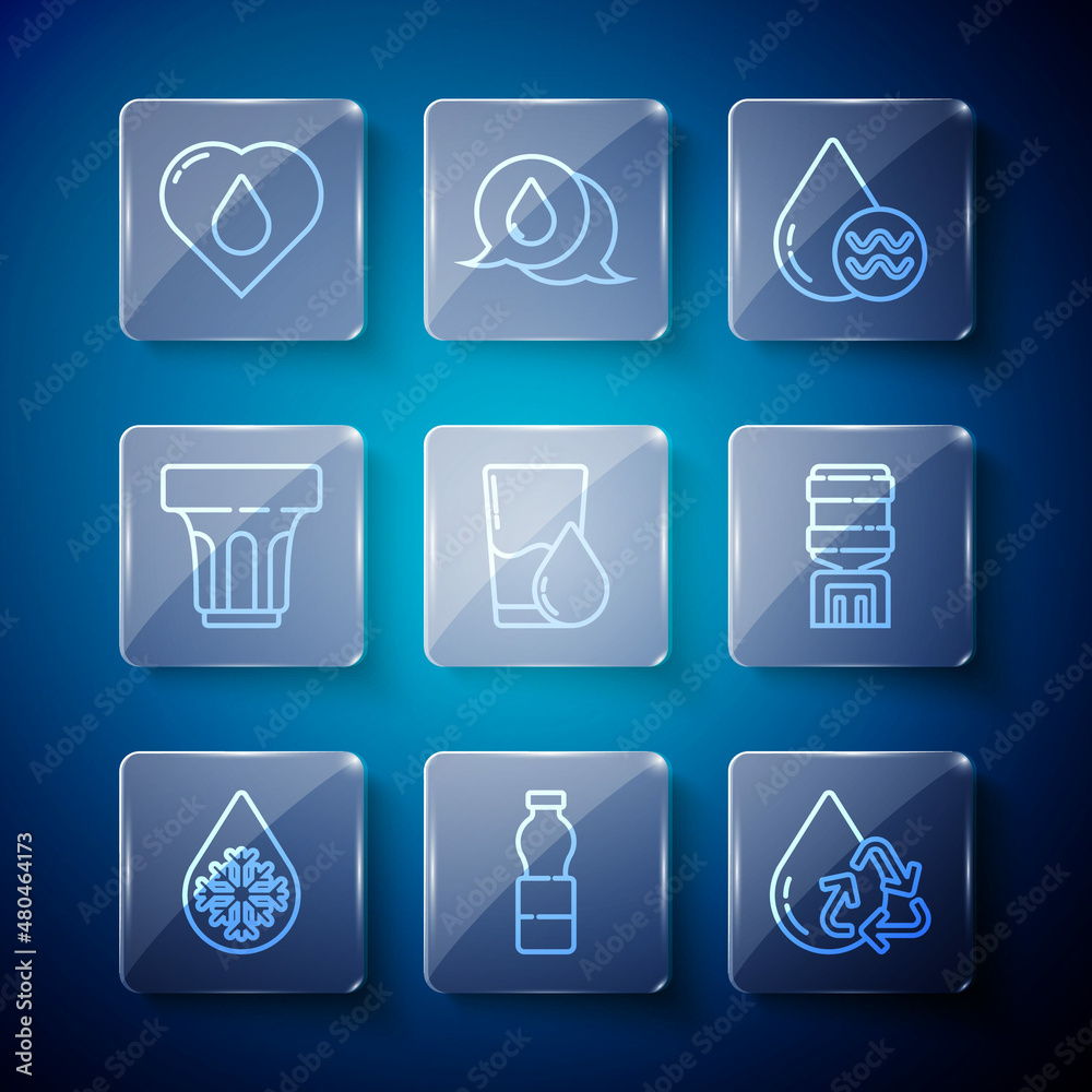 Set line Defrosting, Bottle of water, Recycle clean aqua, Glass with, Heart drop and Water cooler icon. Vector Set line Defrosting, Bottle of water, Recycle clean aqua, Glass with, Heart drop and Water cooler icon. Vector