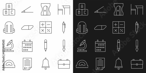 Set line School backpack, Paint brush, Pen, Pencil sharpener, Eraser or rubber, ABC blocks and Calculator icon. Vector