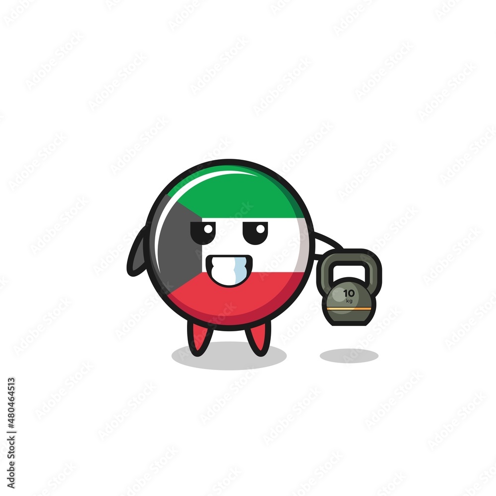 kuwait flag mascot lifting kettlebell in the gym