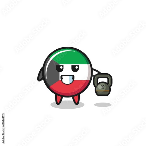 kuwait flag mascot lifting kettlebell in the gym