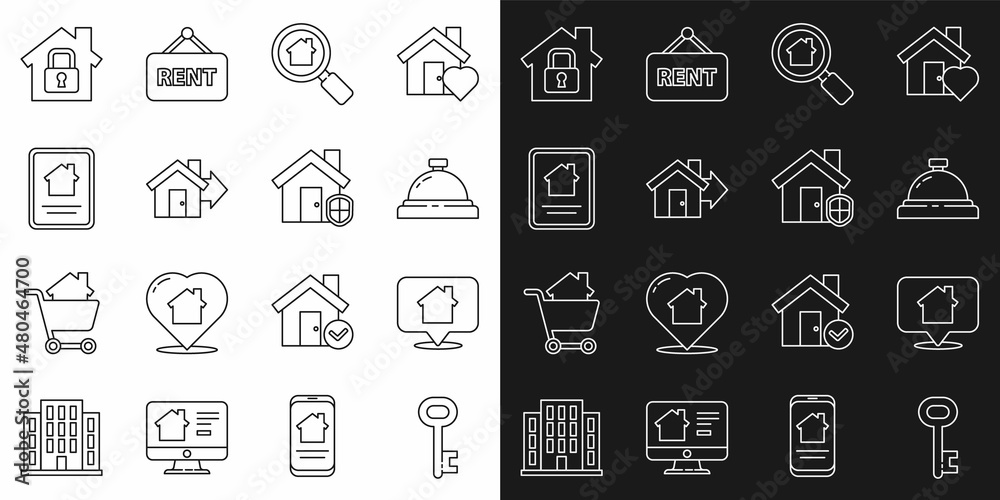 Set line House key, Location with house, Hotel service bell, Search, Sale, Online real estate, under protection and icon. Vector