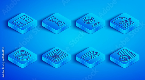 Set line Credit card with chip, Old hourglass, Location percent discount, Safe, Finance document, Loan and Coin money dollar icon. Vector